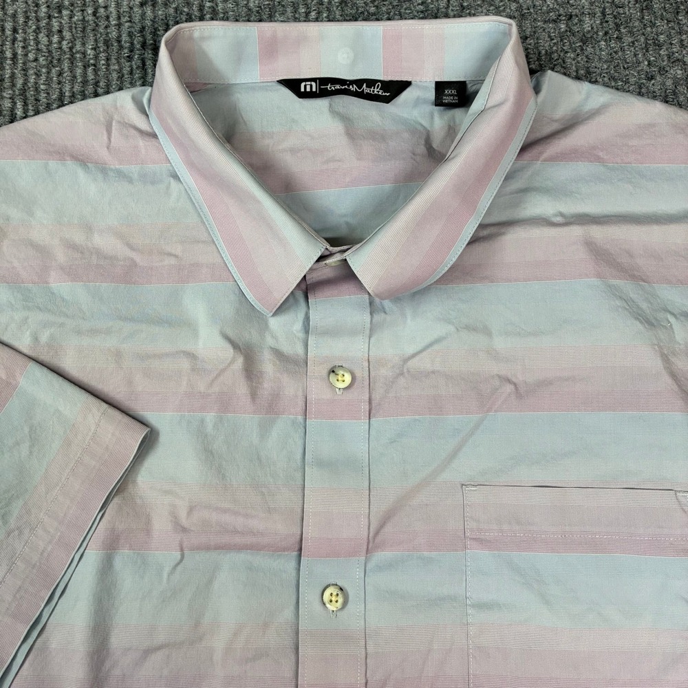 Travis Mathew Mens Short Sleeve Button Up Shirt XXXL Blue Pink Striped Stretch